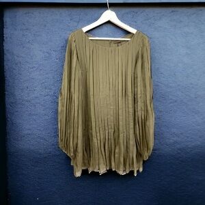 ANDY The-Ahn 100% Silk Pleated Olive Long Sleeved Tunic Size 10